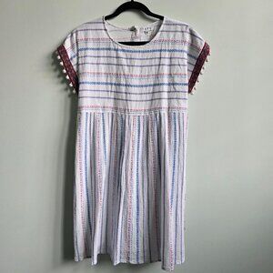 THML Short Sleeve Gauze Dress with Red & Blue Embroidery & Pom Pom Sleeve Detail